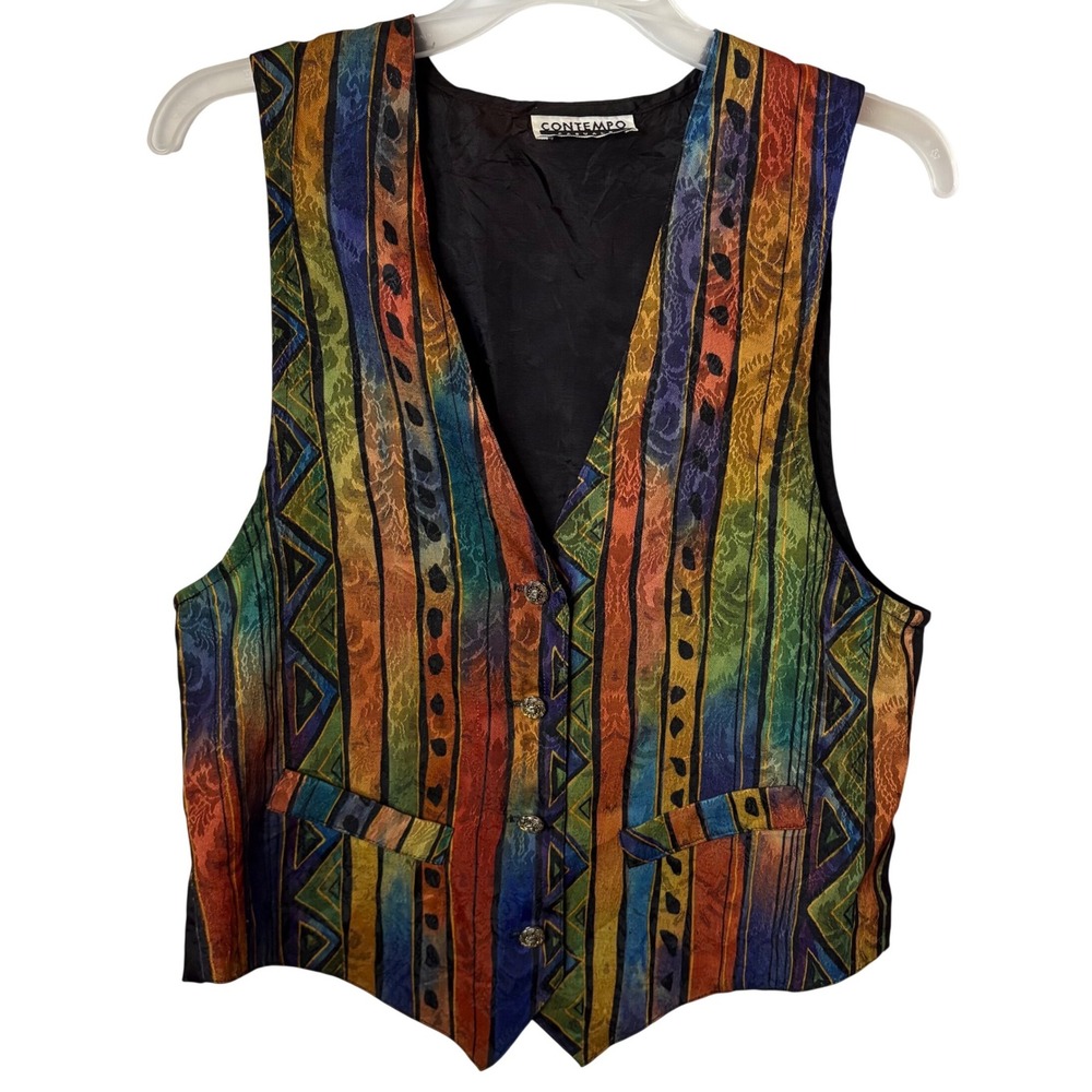 Vintage 90s Contempo Casuals Vest Women S Multicolor Geometric Brocade Eclectic